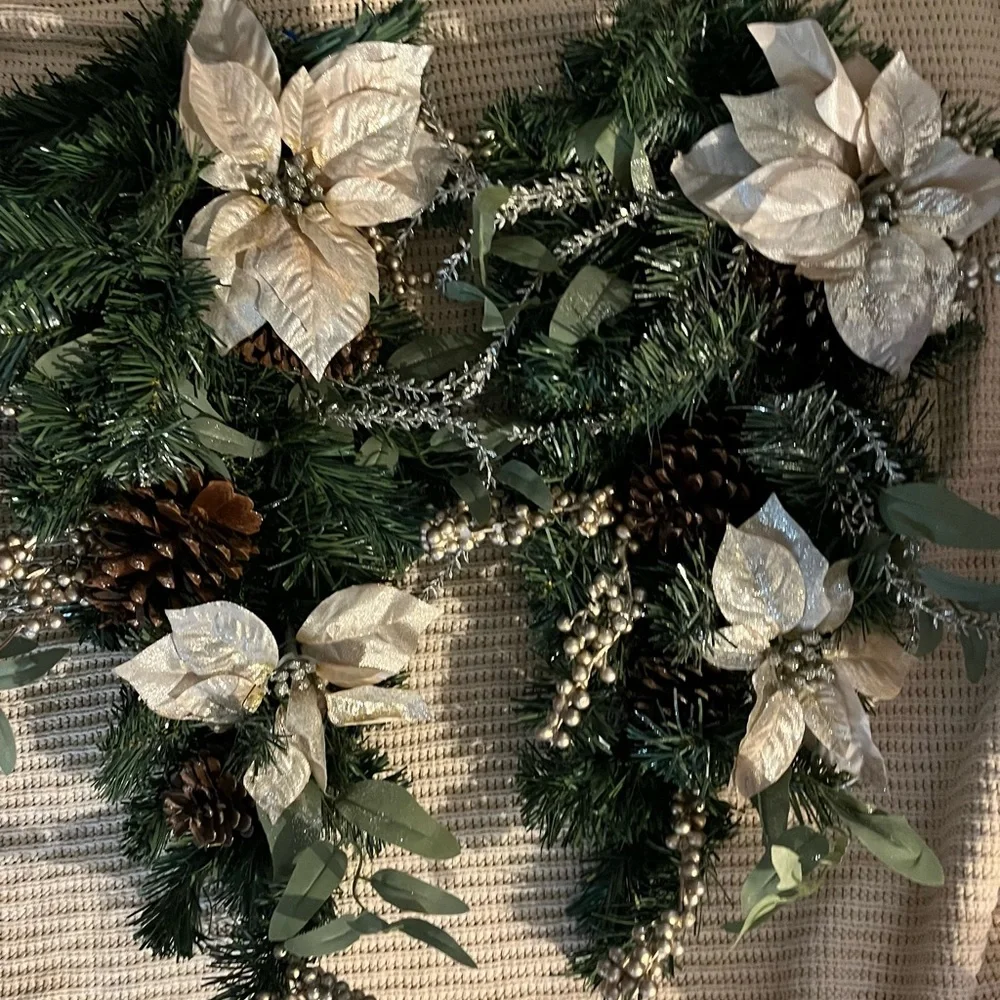 Elegant Holiday Garland Swag with Cream Flowers and Pinecones
